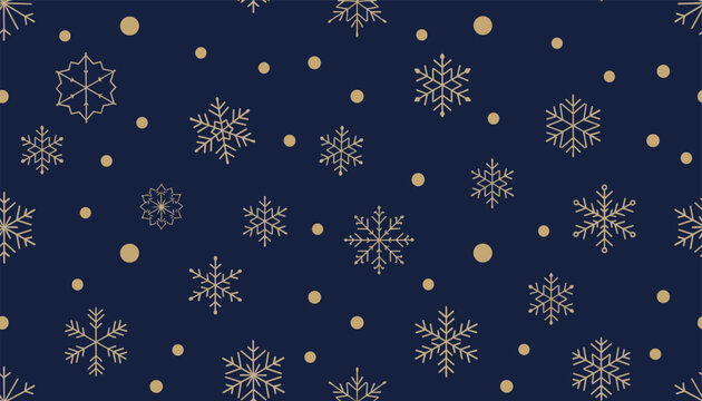 Elegant seamless pattern with golden geometric snowflakes of various shapes on a dark navy blue background.