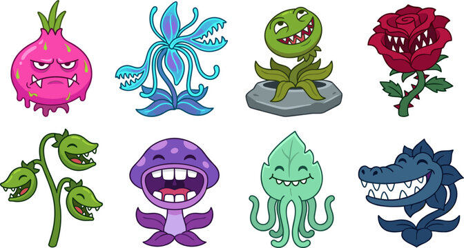 Monster carnivorous plants vector illustration featuring angry dragonfruit Venus flytrap sharp teeth rose dangerous mushroom and creepy flower characters on white background