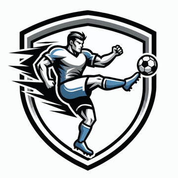 Athletic soccer player kicking ball in dynamic shield logo