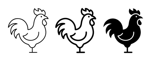 Minimalist rooster icon set, black line art chicken vector, farm animal logo collection © Siddiqe