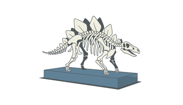 Stegosaurus skeleton model displayed on a dark blue rectangular pedestal as a museum exhibit specimen.