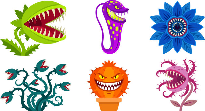 Monster carnivorous plants vector illustration featuring venus flytrap pitcher plant blue monster flower angry cactus and creepy thorns isolated on white background