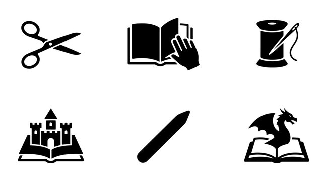 Storytelling and craft icons set, black flat vector symbols for education and creative hobbies