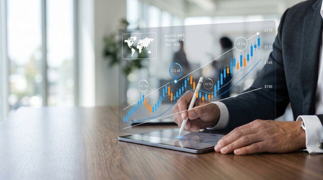 Businessman analyzing stock market trends on tablet with holographic chart, financial investment concept, trading growth strategy