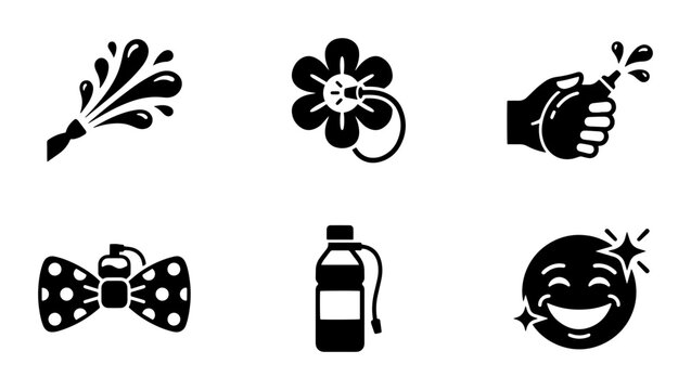 Prank and joke icons set, 6 black solid vector symbols, funny gag and comedy elements for entertainment
