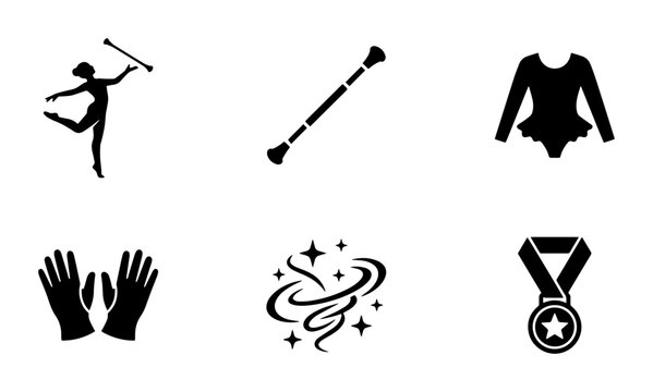 Baton twirling icon set, rhythmic gymnastics equipment vector, 6 sports icons