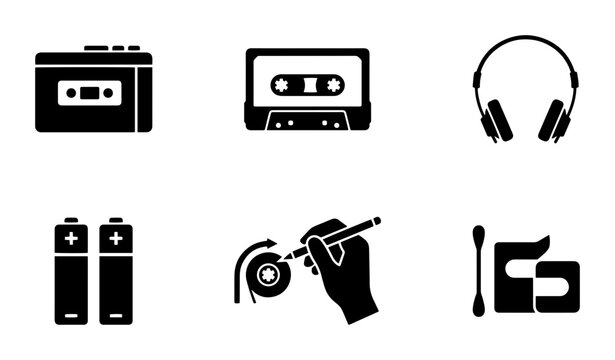 Retro audio cassette icons, vintage music player and headphones, 6 black vector symbols