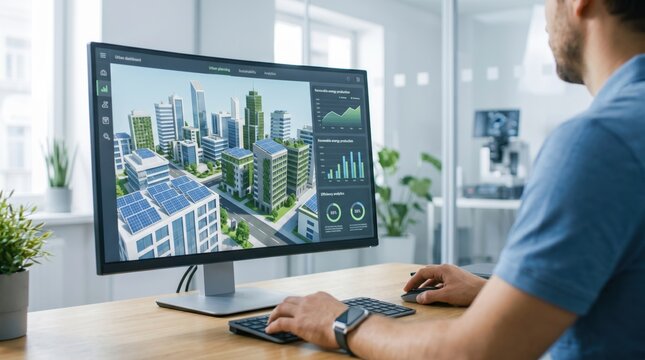 Architect viewing smart city urban planning model on computer monitor, green buildings with solar panels, sustainable architecture design, energy efficiency statistics dashboard...