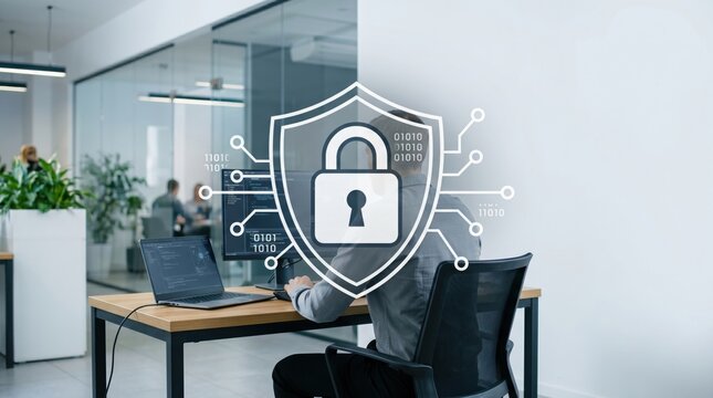 Cyber security concept showing lock shield over employee working at desk, safeguarding corporate network and binary code data from hackers in modern business office space.