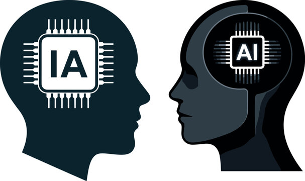 Artificial intelligence and human brain vector illustration concept set with microchip processor silhouettes isolated on white background