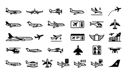 Aviation and Air Travel Icon Set with Airplanes, Helicopters, Airport Symbols, Boarding Passes, and Flight Navigation Elements © Surjo