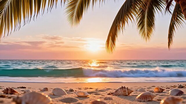 Beach with palm tree and seashells at sunset
