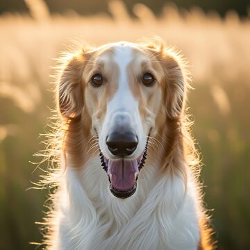 Happy Borzoi Dog Looking Forward in Golden Sunlit Field