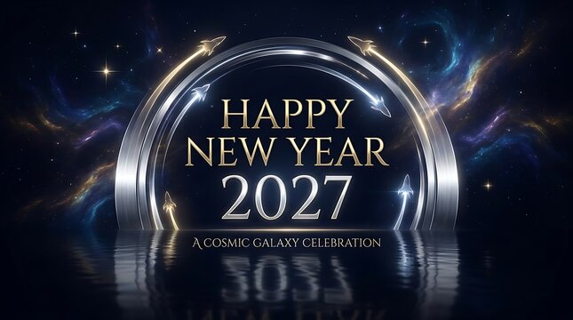 Happy new year 2027 cosmic galaxy celebration with silver arches and rocket trails over water reflection surface