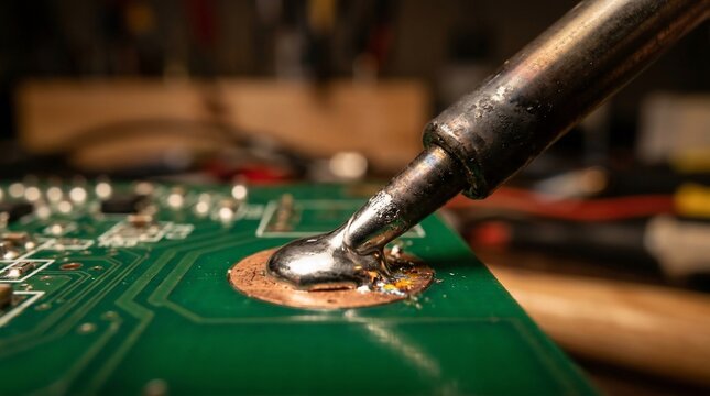 Close-up of a soldering iron tip on a green printed circuit board.