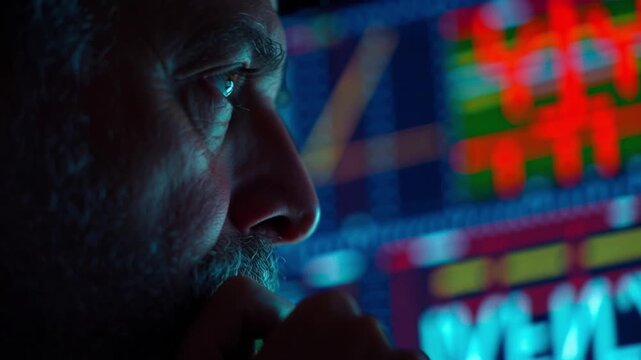 Man face profile beard thoughtful concentration analyzing financial data screen with colorful charts graph close up technology business finance investment digital monitor reflection serious adult