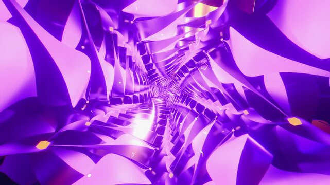 Hypnotic seamless loop of a futuristic organic tunnel. Abstract digital vortex made of twisting sharp petals, crystalline needles and particles, creating deep perspective for space tech backgrounds.