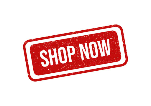 Red grunge shop now rubber stamp style icon on a tilted rectangular label isolated on transparent background