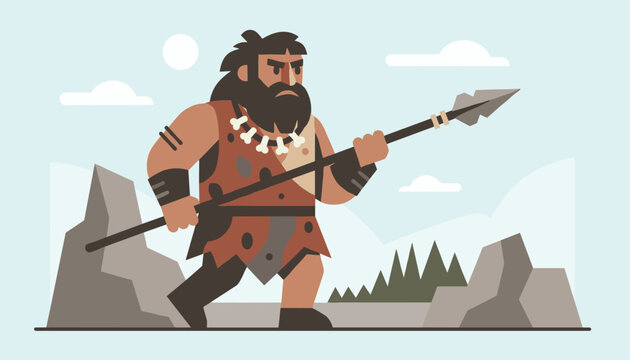 Strong caveman character in leopard print clothing walking with a stone spear through a prehistoric rocky landscape.