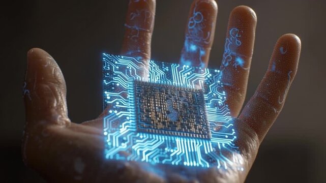 Glowing circuit board microchip hand technology futuristic digital electronic blue light close up innovation microprocessor artificial intelligence data connection network holding digital microchip