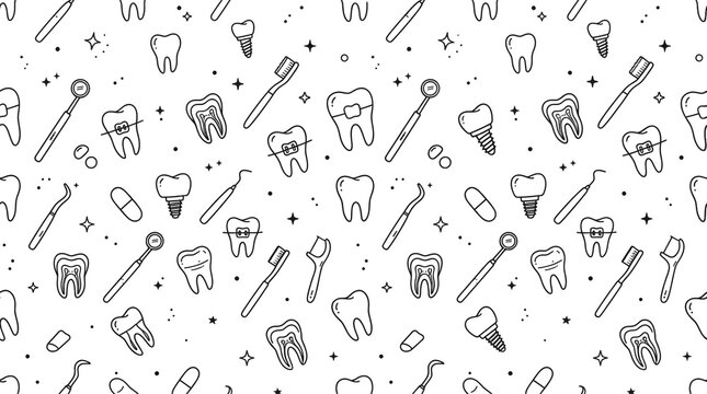 Dental icons form a repeating pattern of toothbrushes, braces, and clinical tools against a clean white background, creating a professional texture for oral health care communications.