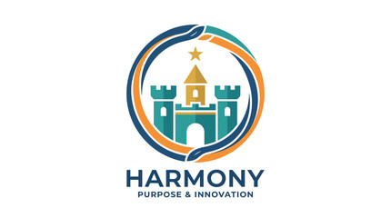 Fototapeta premium Modern corporate logo design featuring a castle icon with circular abstract elements.