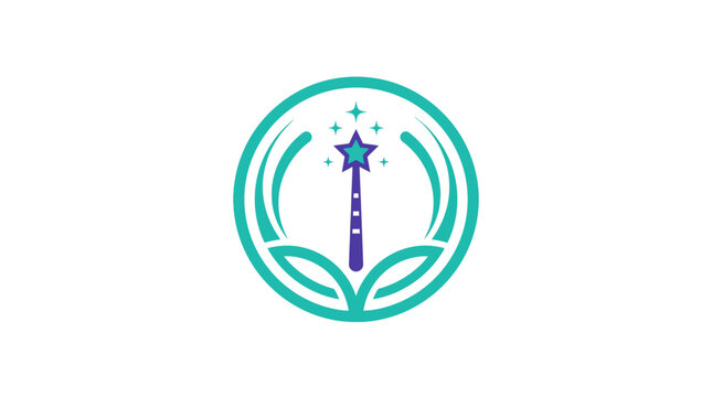 Minimalist Magic Wand Logo Design with Circular Leaves and Star Elements.