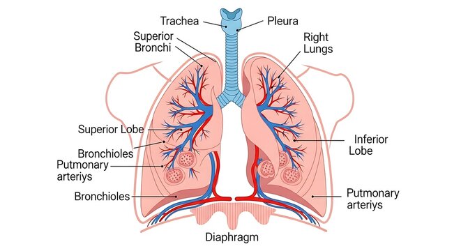 Detailed anatomical diagram of human respiratory system.