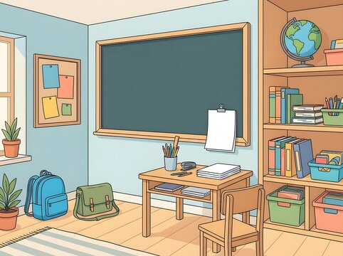 A classroom scene with a desk, bookshelf, and blackboard