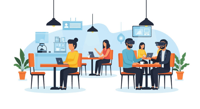 Flat vector illustration of people in a modern coworking cafe using laptops and virtual reality VR headsets at tables with coffee cups and plants in a digital workspace setting.