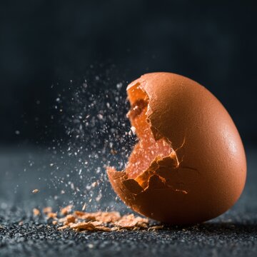 Eggshell breaks under force, revealing contents inside while shards scatter. This moment captures fragility and strength in a dark space.