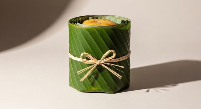 Traditional dessert wrapped in green banana leaf tied with natural straw ribbon placed on neutral beige background with soft light