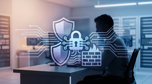 Cybersecurity concept with digital shield, padlock and firewall protecting data network from cyber attacks in server room environment for business security solutions