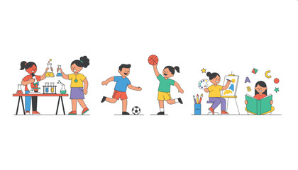 Fototapeta premium Cute school kids performing various activities including science experiments, soccer, basketball, painting, and reading books.