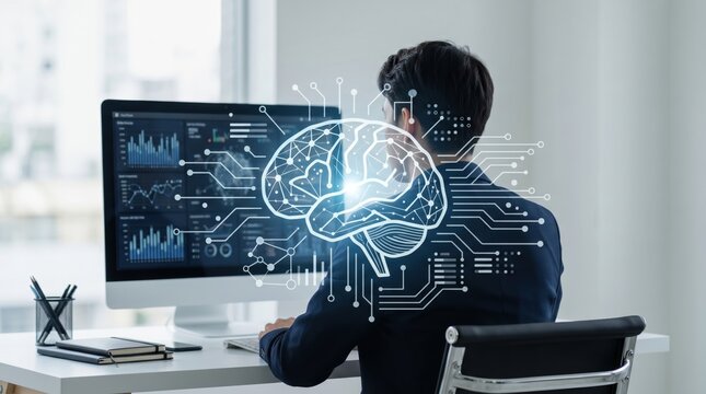 Man sitting at desk with glowing digital brain hologram and circuit lines overlay representing artificial intelligence machine learning neural network and cognitive computing te...