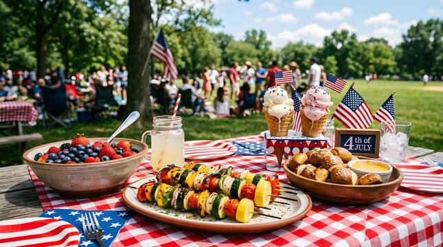 A festive 4th of july picnic table spread with grilled vegetable skewers, a bowl of fresh berries, pretzels with cheese dip, and ice cream cones in a park setting