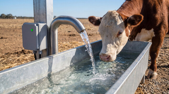 Cow drinking water from trough on farm in sunny field  
