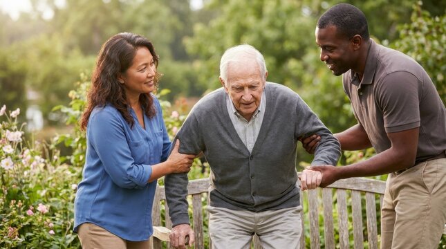 Multicultural caregivers gently steady an elderly man near a wooden garden bench, warm afternoon greenery, tender mobility help, family style senior wellness moment in blooming outdoor setting