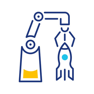 Rocket assembly icon. Industry and aerospace manufacturing line symbol. Color.