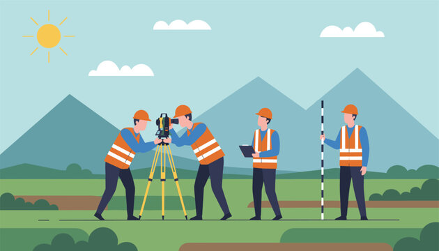 Surveyors wearing safety vests and hard hats working with a theodolite and measuring rod in a scenic outdoor valley.