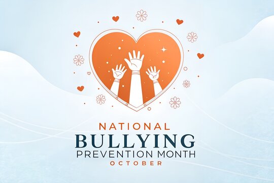 Three raised hands inside a large orange heart shape with small flowers and stars surrounding the design celebrating national bullying prevention month in a soft light blue minimalist graphic style