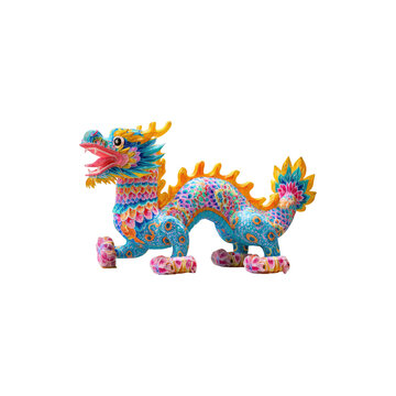 Vibrant traditional Chinese dragon sculpture with colorful ornate patterns detailed handcrafted decorative artwork isolated on white background