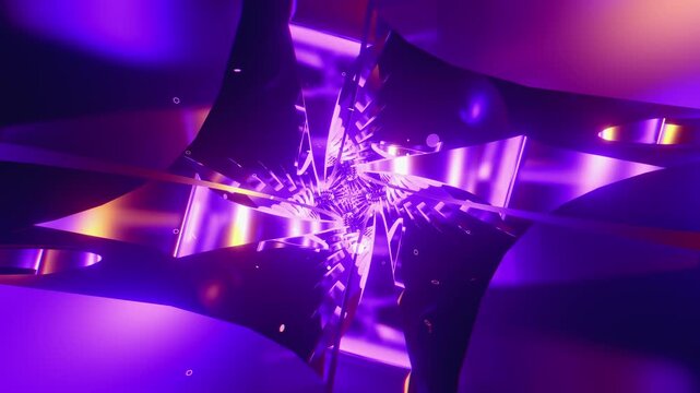 seamless loop of a futuristic geometric tunnel. Abstract digital vortex made of twisting metallic disks, curved segments and floating rings, creating deep perspective for space tech backgrounds