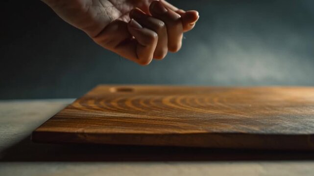 Hand reaching and gently touching wooden cutting board on table with soft natural light close up creating calm focused atmosphere in kitchen wood environment
