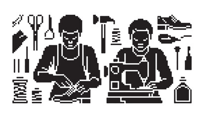 Fototapeta premium Set of shoe repair workshop elements with workers tools and sewing machine in pixel style.
