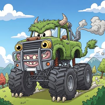 Colorful cartoon monster truck on grassy hill with sky backdrop.