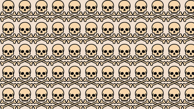 Seamless repeating pattern of stylized skull illustrations in rows on light beige background for decorative design