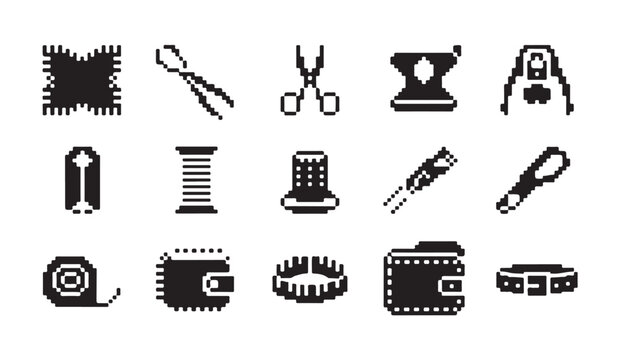 Retro pixel art icon set showing leather crafting accessories wallets belts tools equipment.