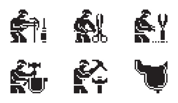 Skilled artisans performing traditional leather craft and saddle making pixel art sequence.