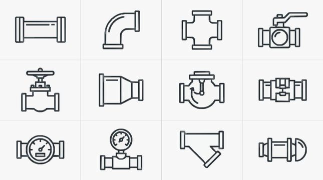 Minimalist Black and White Line Icons Set of Various Piping Fittings Valves and Gauges for Industrial Design